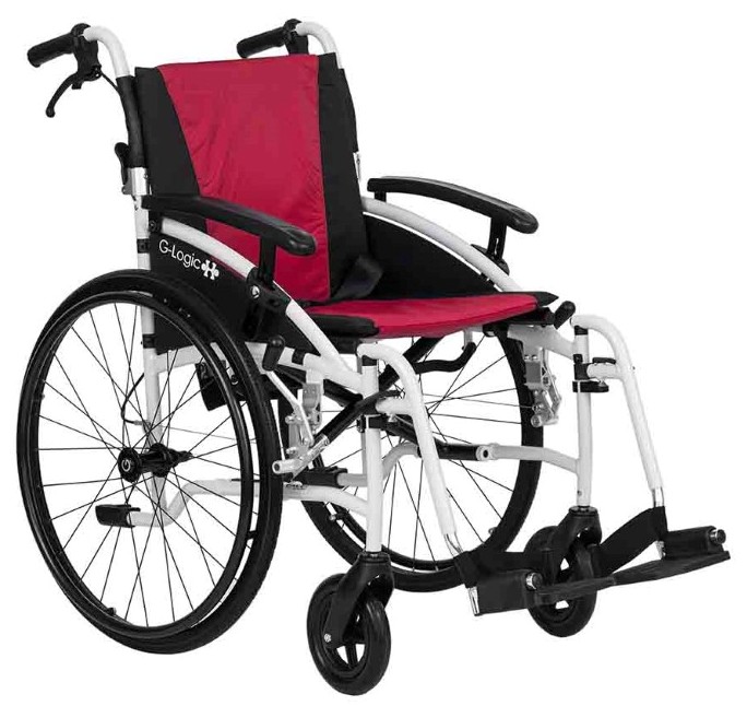 Excel G-Logic Lightweight Self Propelled Wheelchair White Frame and Red Upholstery 20'' Wide Seat